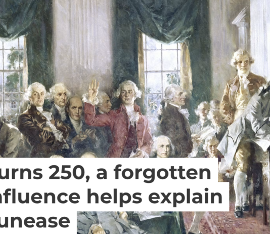 This painting depicts the Constitutional Convention in 1787. The Founding Fathers leaned on French philosopher Montesquieu as they designed the Constitution. GraphicaArtis/Archive Photos via Getty